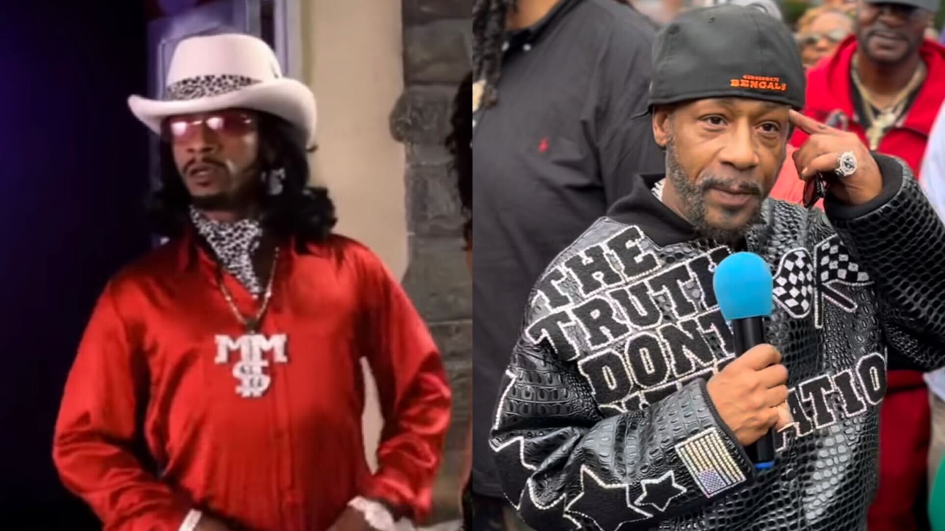 Side-by-side photos of comedian and actor Katt Williams, featuring his look as Money Mike in Friday After Next and his present-day appearance.