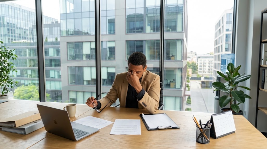 A stressed businessman sitting at a wooden desk pinching the bridge of his nose with eyeglasses in hand.