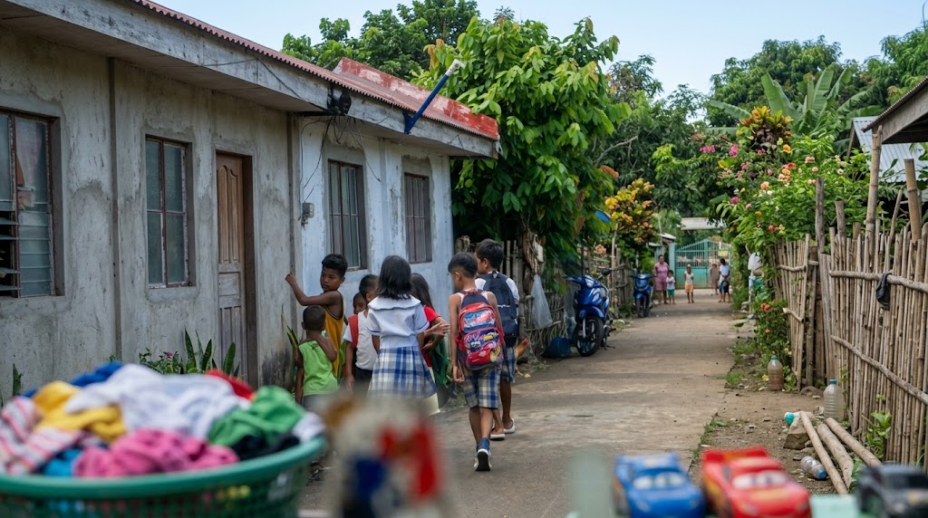 Schoolchildren wearing uniforms and backpacks walking down a narrow paved lane in a rural village.