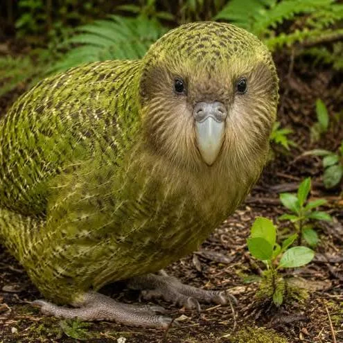 Close-up portrait of a kākāpō parrot standing on the forest floor.