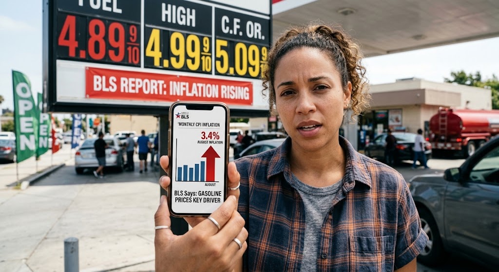 A close-up shot of a person pointing a smartphone with a graph directly at the camera. The phone screen displays a Bureau of Labor Statistics (BLS) infographic showing a stylized monthly consumer price index inflation chart. A bold red arrow on the screen points to a '3.4%' peak for August, with accompanying text reading: 'BLS Says: GASOLINE PRICES KEY DRIVER'. In the background, at a busy gas station, a large fuel price sign displays prices and a red banner saying 'BLS REPORT: INFLATION RISING'. People are seen fueling cars in the blurred background. Natural daylight.