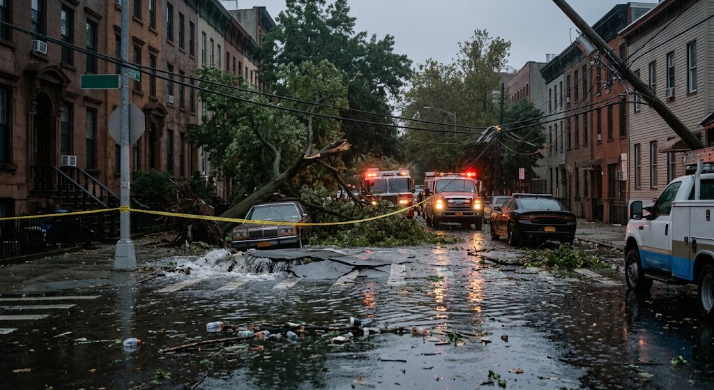 Emergency vehicles at a flooded residential street blocked by fallen trees, downed power lines, and caution tape.