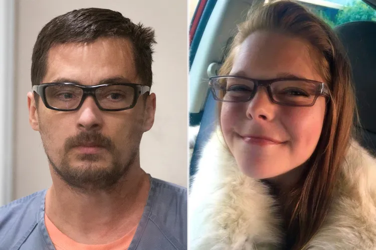 Split image showing a booking photo of Jesse Calhoun alongside a portrait of Libby Gibson.